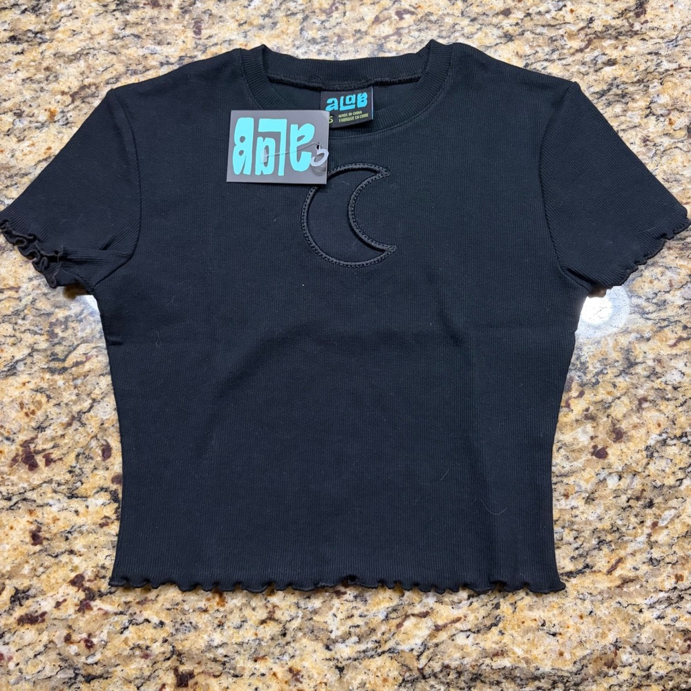 NEW A Lab Black Ribbed Crescent Moon Lettuce Edge Crop Baby Tee Small ws